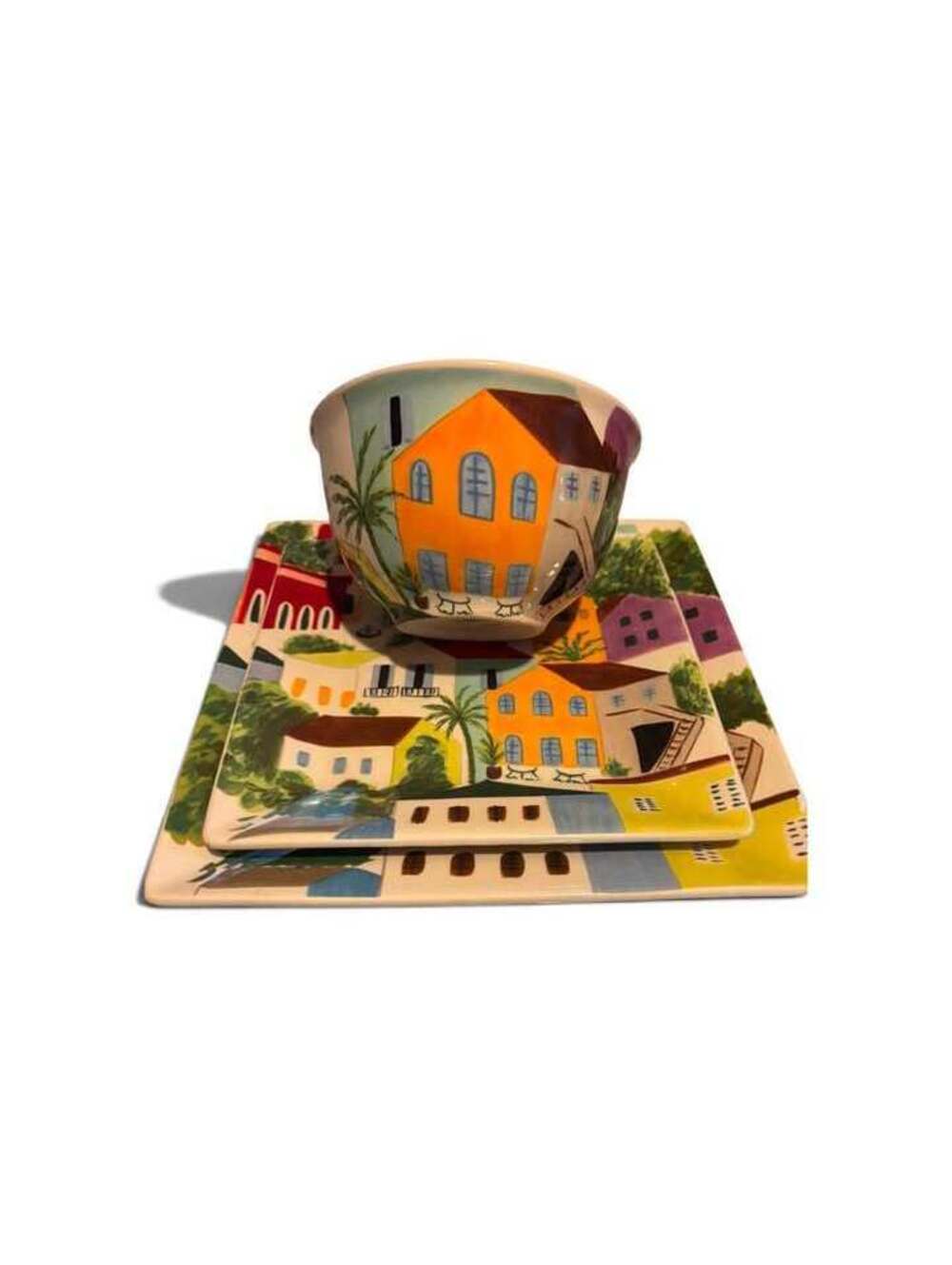 Pier 1 Hand-Painted Earthenware Bowl and Plate Set - Colorful Village Scene